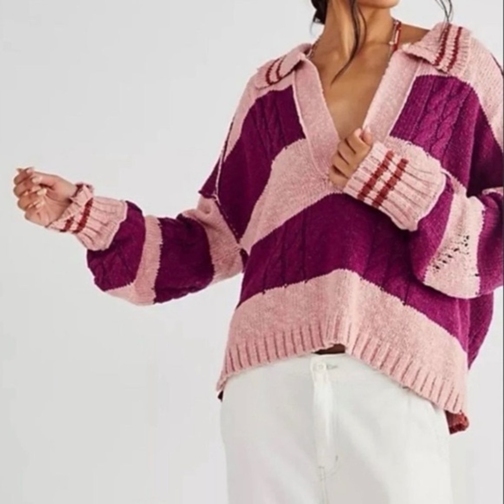 Free People Pembrook Striped Cable-Knit Sweater - XS